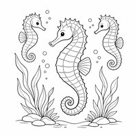 Coloriage groupe de trois hippocampes semi réalistes simples, bulles discrètes et algues légères