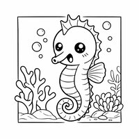 Coloriage hippocampe cartoon dans un cadre récif, corail simple, anémone stylisée, bulles et expression surprise