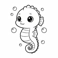 Coloriage hippocampe kawaii en gros plan, tête très ronde, grands yeux brillants, queue en spirale et bulles