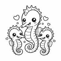 Coloriage famille d’hippocampes kawaii avec un parent et deux bébés, bulles en forme de cœur