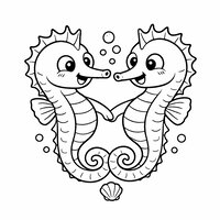 Coloriage deux hippocampes cartoon qui se tiennent par la queue en cercle, bulles et coquillage