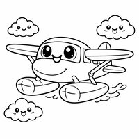 Coloriage hydravion kawaii en vol avec nuages (dessin enfant) | Toupty.com