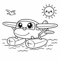 Coloriage hydravion kawaii posé sur l’eau avec soleil (dessin enfant) | Toupty.com