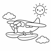 Coloriage hydravion très simple dans le ciel avec soleil (4-6 ans) | Toupty.com