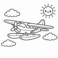 Coloriage hydravion en vol (niveau moyen) avec nuages et soleil | Toupty.com