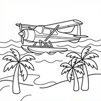 Coloriage hydravion qui atterrit sur l’eau avec rivage et palmiers | Toupty.com