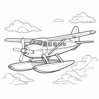 Coloriage hydravion semi-réaliste en vol (vue trois-quarts) ciel nuageux | Toupty.com