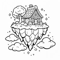 Coloriage univers Hytale : île flottante avec maison et nuages à imprimer