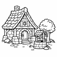 Coloriage univers Hytale : maison médiévale avec puits et arbre à imprimer
