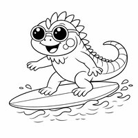 Coloriage iguane cartoon sur une planche de surf, lunettes rondes et vaguelettes