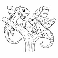 Coloriage deux iguanes semi réalistes simples sur une branche en Y, feuilles tropicales larges