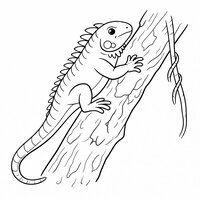 Coloriage iguane réaliste simplifié en train de grimper sur un tronc, liane en contour