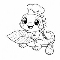 Coloriage iguane kawaii chef cuistot avec une toque, grande feuille comme assiette et fruit tropical