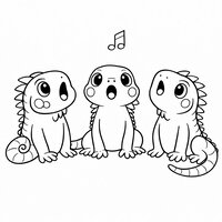 Coloriage trois iguanes cartoon en chorale, bouches différentes et note de musique, queues variées