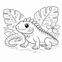 Coloriage iguane semi réaliste simple dans une jungle douce, grandes feuilles et petite fleur