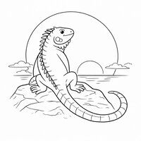 Coloriage iguane réaliste simplifié au coucher de soleil, grand soleil rond et queue courbée
