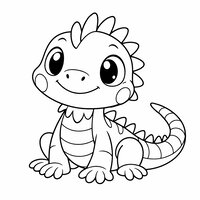 Coloriage iguane kawaii en gros plan, tête ronde, crête simplifiée et grands yeux brillants