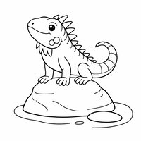 Coloriage iguane cartoon debout sur une pierre arrondie, queue en virgule et petite flaque