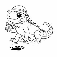 Coloriage iguane cartoon explorateur avec chapeau de safari et boussole, empreinte au sol