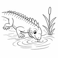 Coloriage iguane semi réaliste simple au bord d’un point d’eau, vaguelettes et roseau