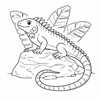 Coloriage iguane réaliste simplifié sur un rocher, queue en S et grandes feuilles de bananier