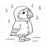 Coloriage macareux semi réaliste simple sous la pluie avec petit ciré, gouttes en contours, enfant | Toupty.com