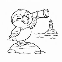 Coloriage macareux cartoon avec longue-vue sur un rocher et petit phare au loin, dessin enfant | Toupty.com
