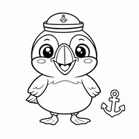 Coloriage macareux kawaii déguisé en capitaine avec chapeau de marin et ancre, dessin enfant | Toupty.com