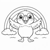 Coloriage macareux cartoon avec arc-en-ciel simple derrière, ailes ouvertes, dessin enfant | Toupty.com