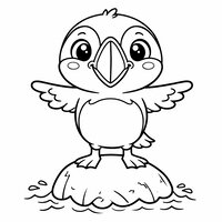 Coloriage macareux cartoon debout sur un rocher avec petites vagues, dessin enfant à imprimer | Toupty.com