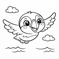 Coloriage macareux en vol au-dessus de la mer avec nuages et vagues, dessin enfant | Toupty.com