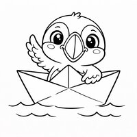 Coloriage macareux kawaii dans un bateau en papier sur l'eau, il fait coucou, dessin enfant | Toupty.com
