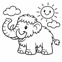 Coloriage mamouth cartoon rigolo de profil, trompe levée et grandes défenses