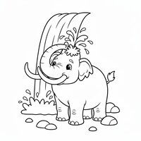Coloriage mamouth cartoon sous une cascade, eau en grandes vagues et rochers