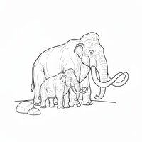 Coloriage deux mamouths, un adulte et un jeune, composition centrée