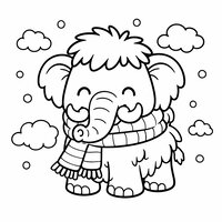 Coloriage mamouth kawaii avec écharpe, trompe enroulée et flocons