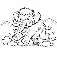 Coloriage mamouth cartoon qui court, poussière ou neige en grosses formes et collines