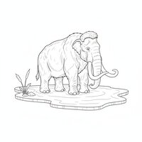 Coloriage mamouth semi-réaliste près d'un lac gelé stylisé et roseaux