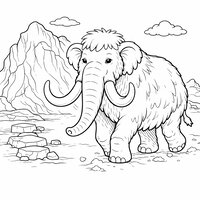 Coloriage mamouth réaliste épuré dans une scène d'âge de glace avec glacier et blocs de glace