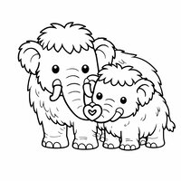 Coloriage maman mamouth et bébé mamouth kawaii, trompes en forme de cœur