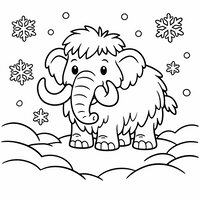Coloriage mamouth cartoon dans la neige, gros flocons et congère