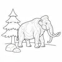 Coloriage mamouth semi-réaliste près d'un sapin stylisé et rochers