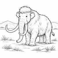 Coloriage mamouth réaliste épuré en prairie froide, herbes et collines