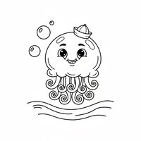 Coloriage méduse cartoon capitaine avec chapeau marin, tentacules en spirales, vagues simples et bulles