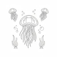 Coloriage groupe de trois méduses semi réalistes simples, bulles et algues légères, composition équilibrée