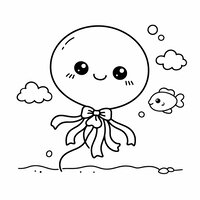 Coloriage méduse kawaii ballon, cloche en forme de ballon avec nœud, mini poisson kawaii et bulles