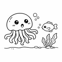Coloriage méduse cartoon qui joue avec un petit poisson, bulles, plante marine stylisée et sol en ligne