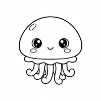 Coloriage méduse kawaii en gros plan, cloche très ronde, grands yeux brillants, sourire et tentacules courts