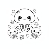 Coloriage maman méduse kawaii avec deux bébés méduses, bulles et étoiles marines en contours