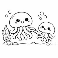 Coloriage deux méduses cartoon qui dansent en se tenant par les tentacules, bulles et algue simple